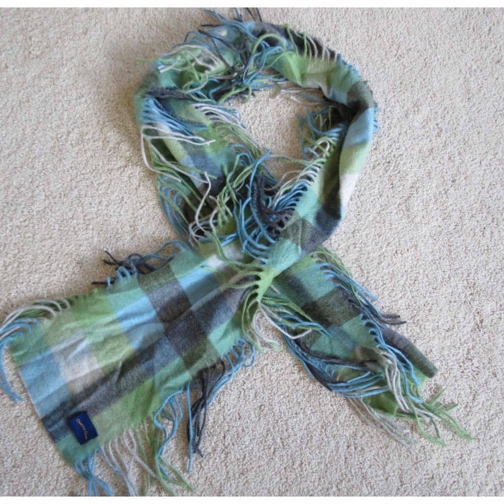 Charter Club Blue Green Plaid 100% Cashmere Fringed Scarf 68"